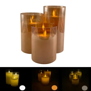 LED-ljus i glas - 3 st. - 12/15/17 cm - med 3D-låga - (flera färger)