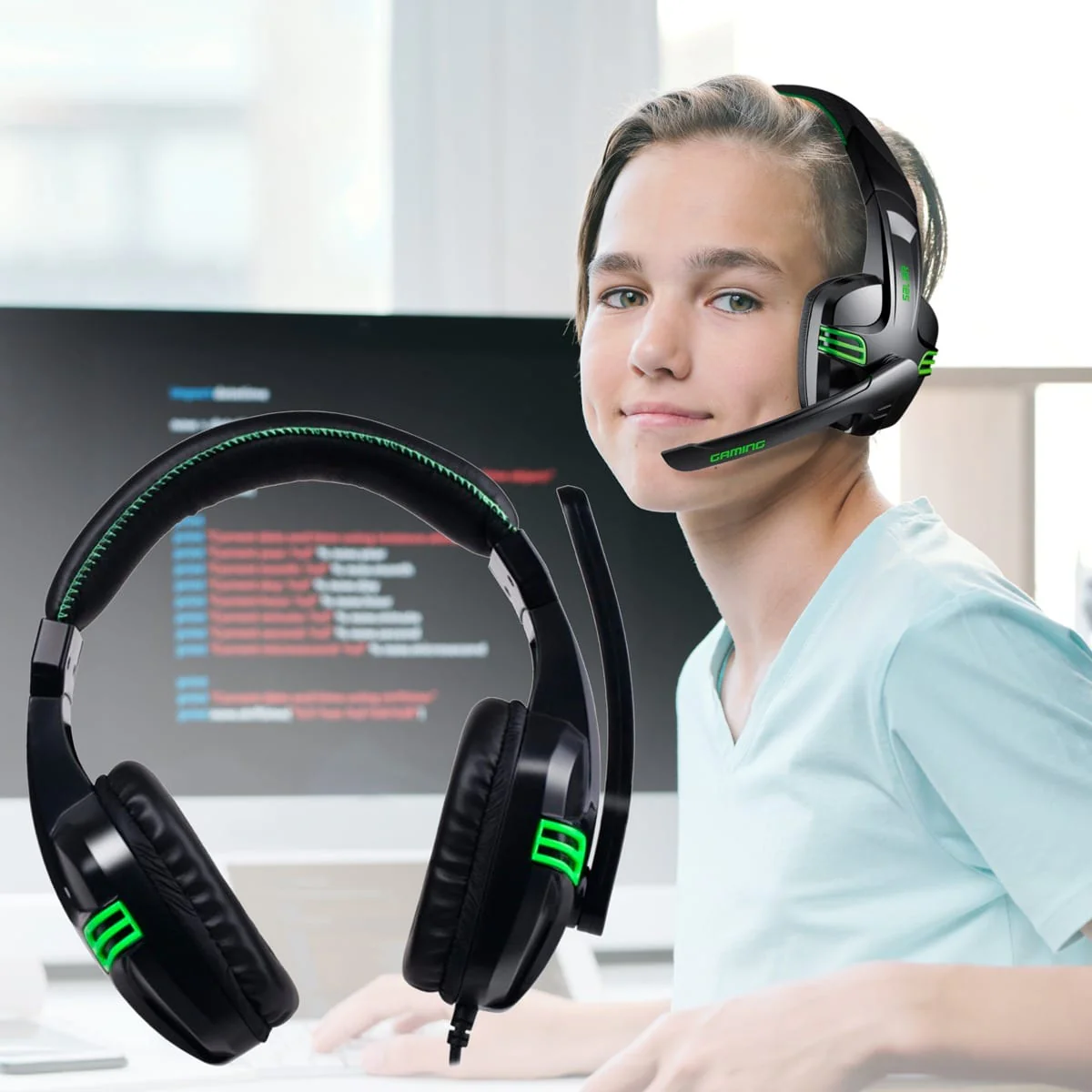 Gamer PC-headset med mikrofon och stereoljud - svart/grönt - - Bild 2